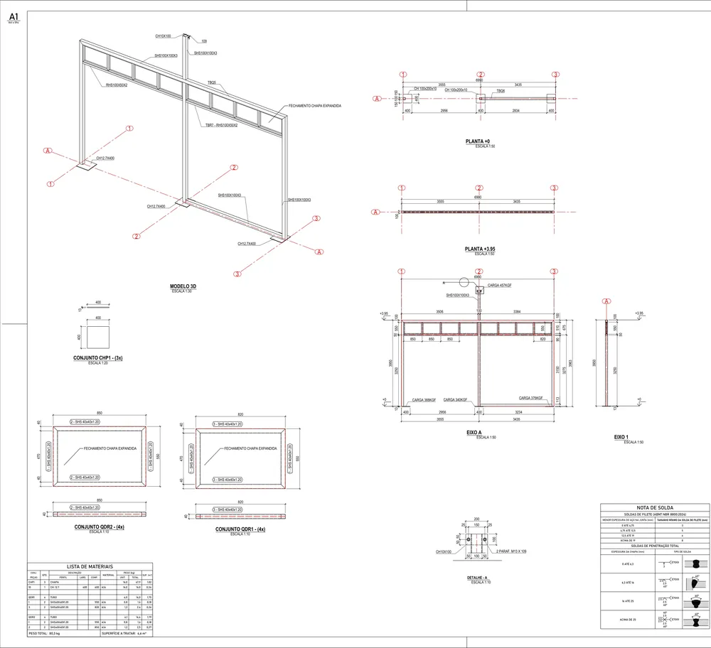 Diagrama de montagem A1 com modelo 3D, plantas, eixos, conjuntos, detalhe e nota de solda