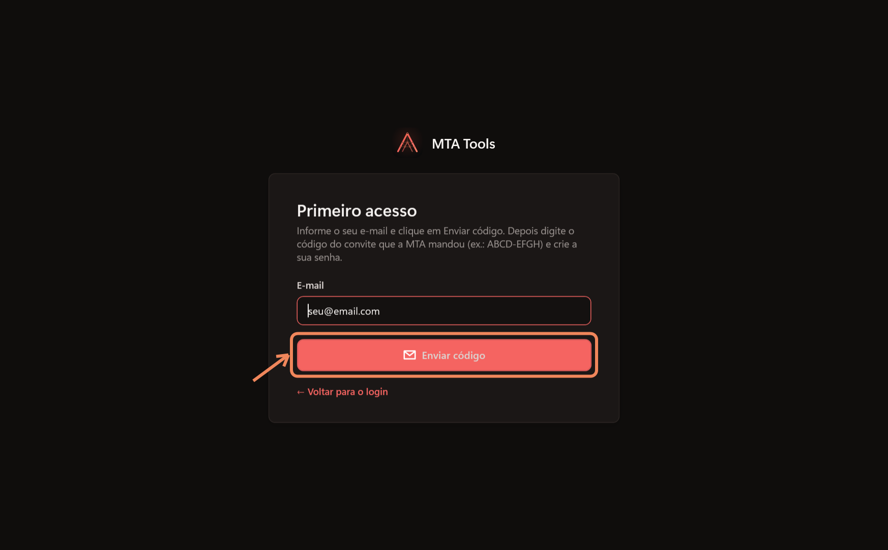 Informe o e-mail e clique em Enviar código