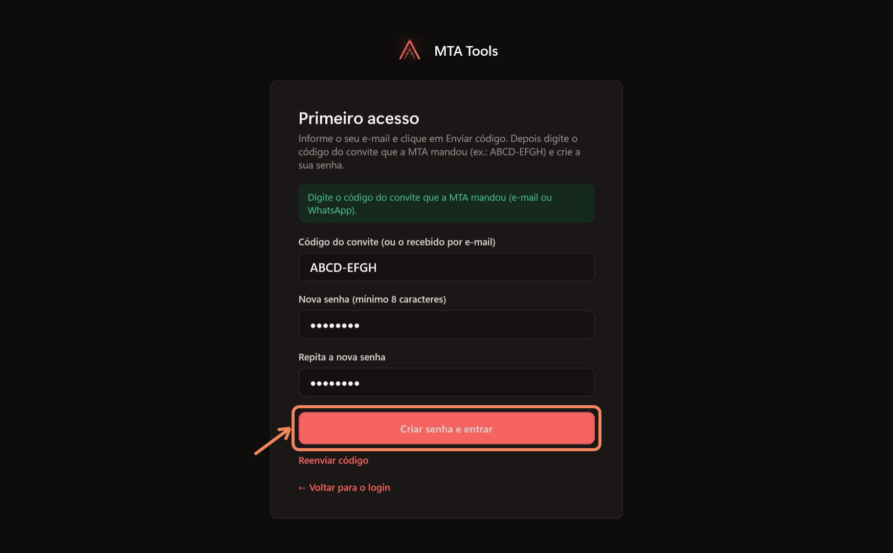 Código do convite e nova senha