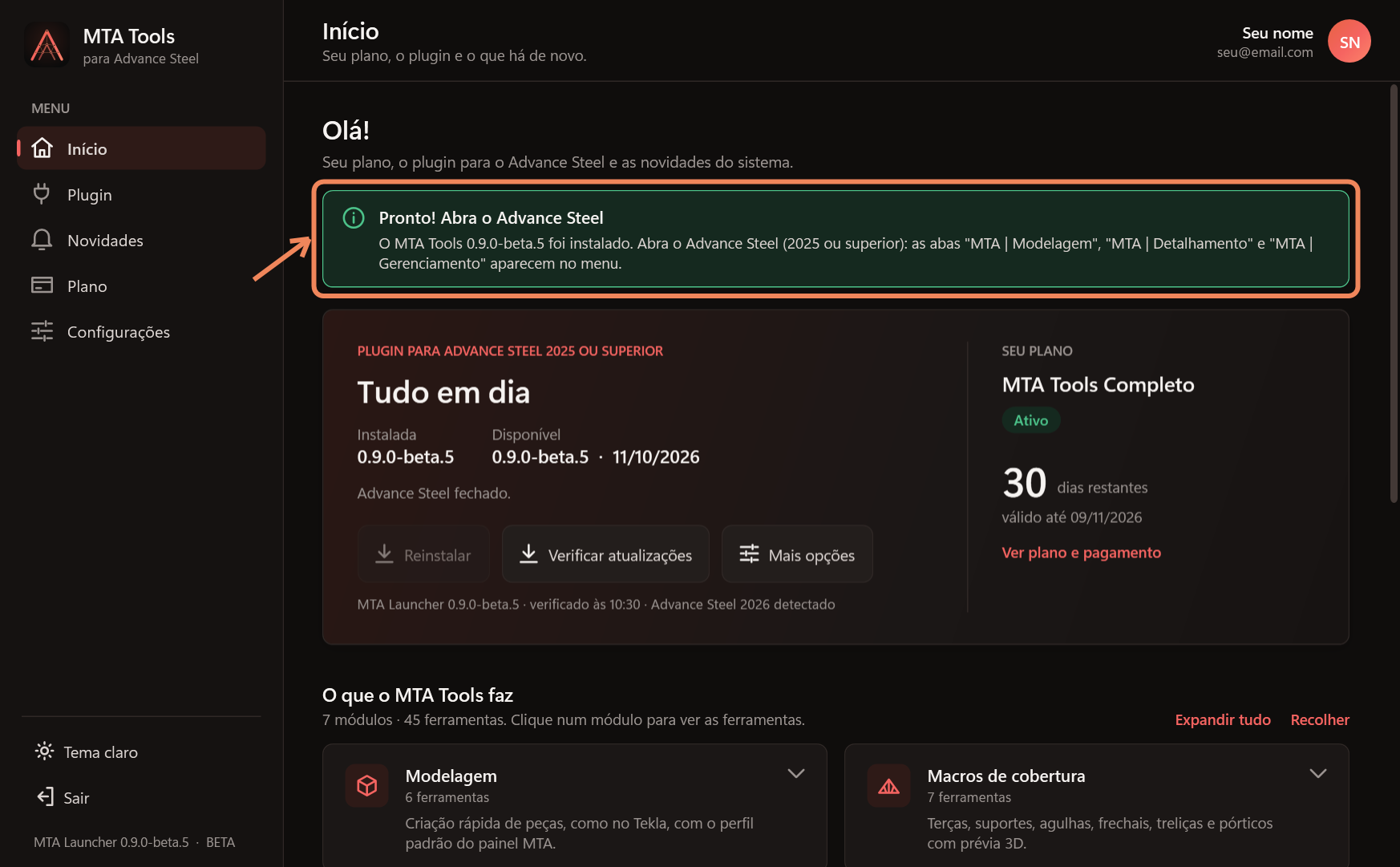 Launcher: Pronto! Abra o Advance Steel